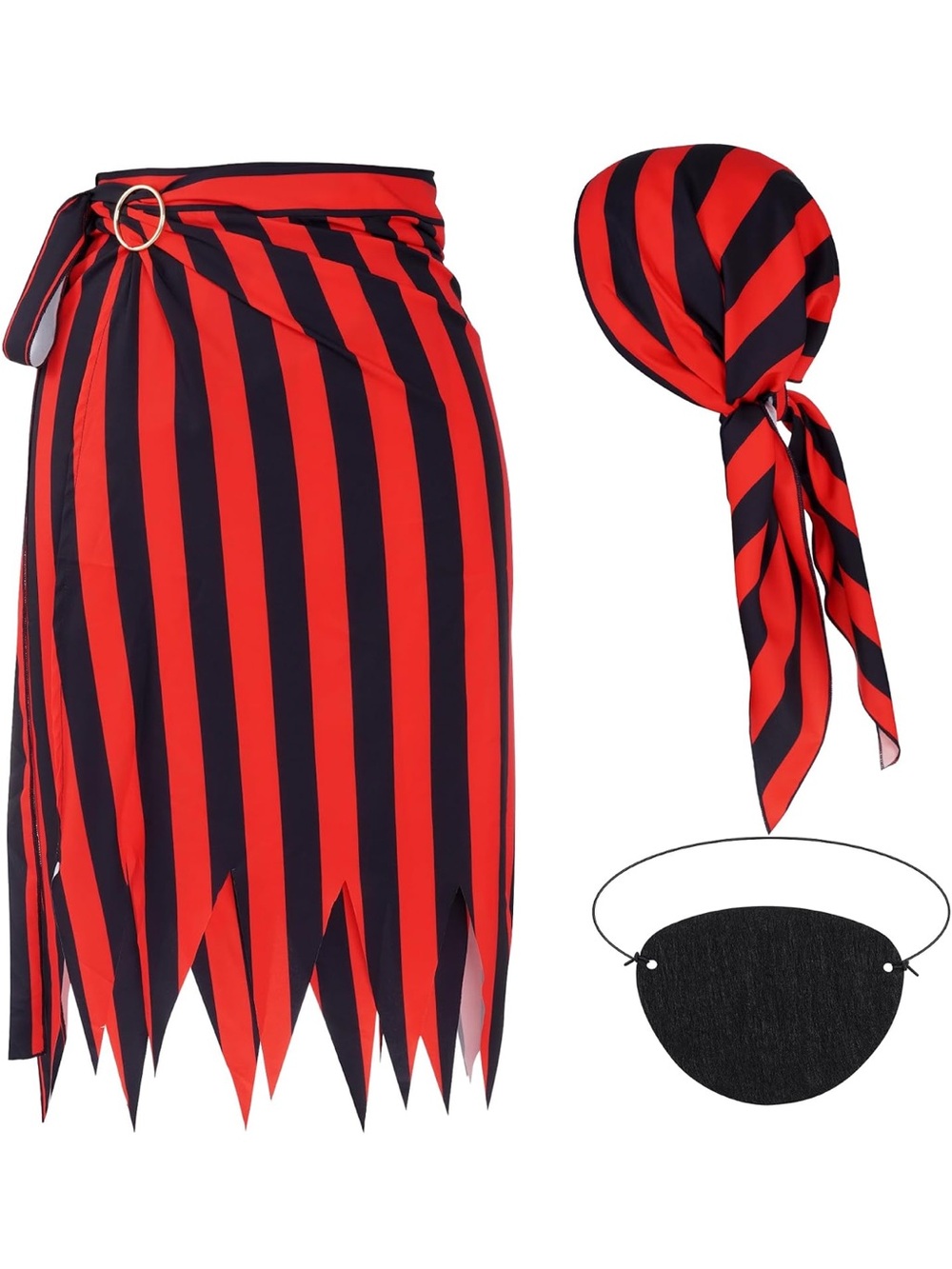 Striped Red & Black Swim Sarong Set with Headscarf &Eye Patch-Top Not Included
